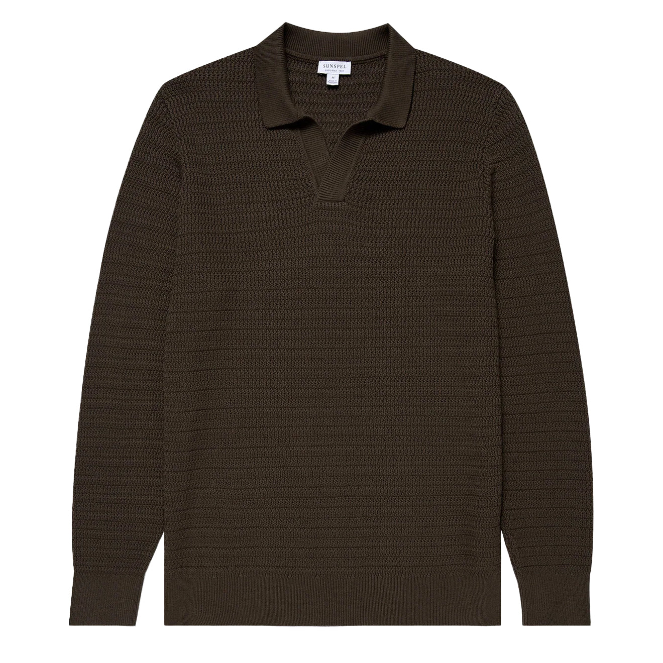 Sunspel Textured Cotton L/S Polo Knitwear Khaki - The Sporting Lodge