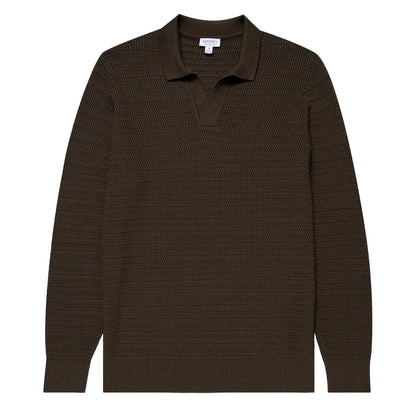 Sunspel Textured Cotton L/S Polo Knitwear Khaki - The Sporting Lodge