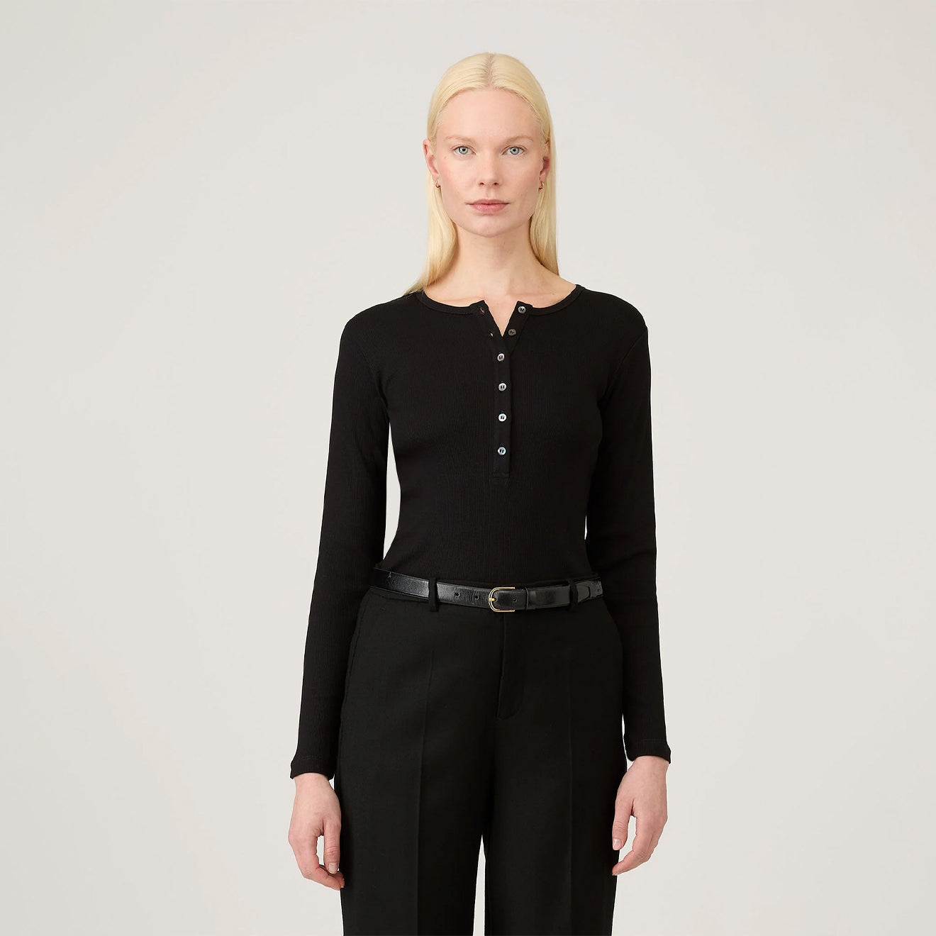 Sunspel Womens Rib L/S Henley Black - The Sporting Lodge
