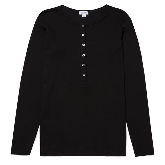 Sunspel Womens Rib Henley Black - The Sporting Lodge