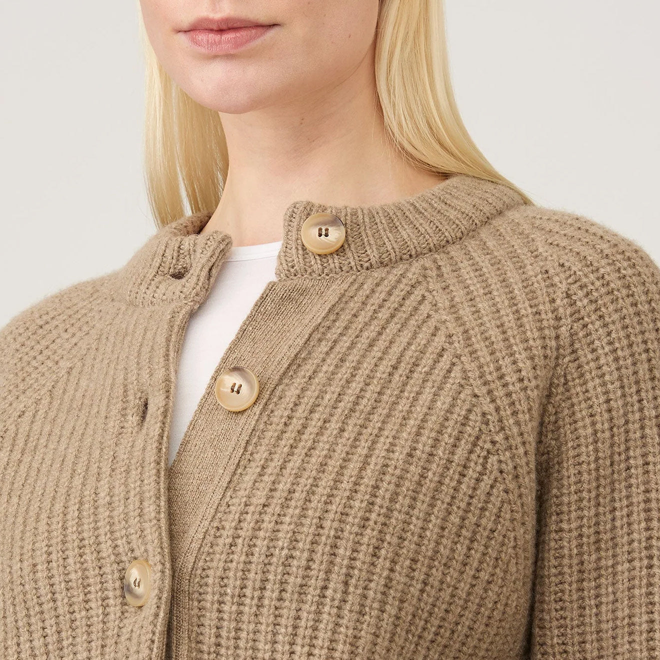 Sunspel Womens Ribbed Crew Neck Cardigan Mink - The Sporting Lodge