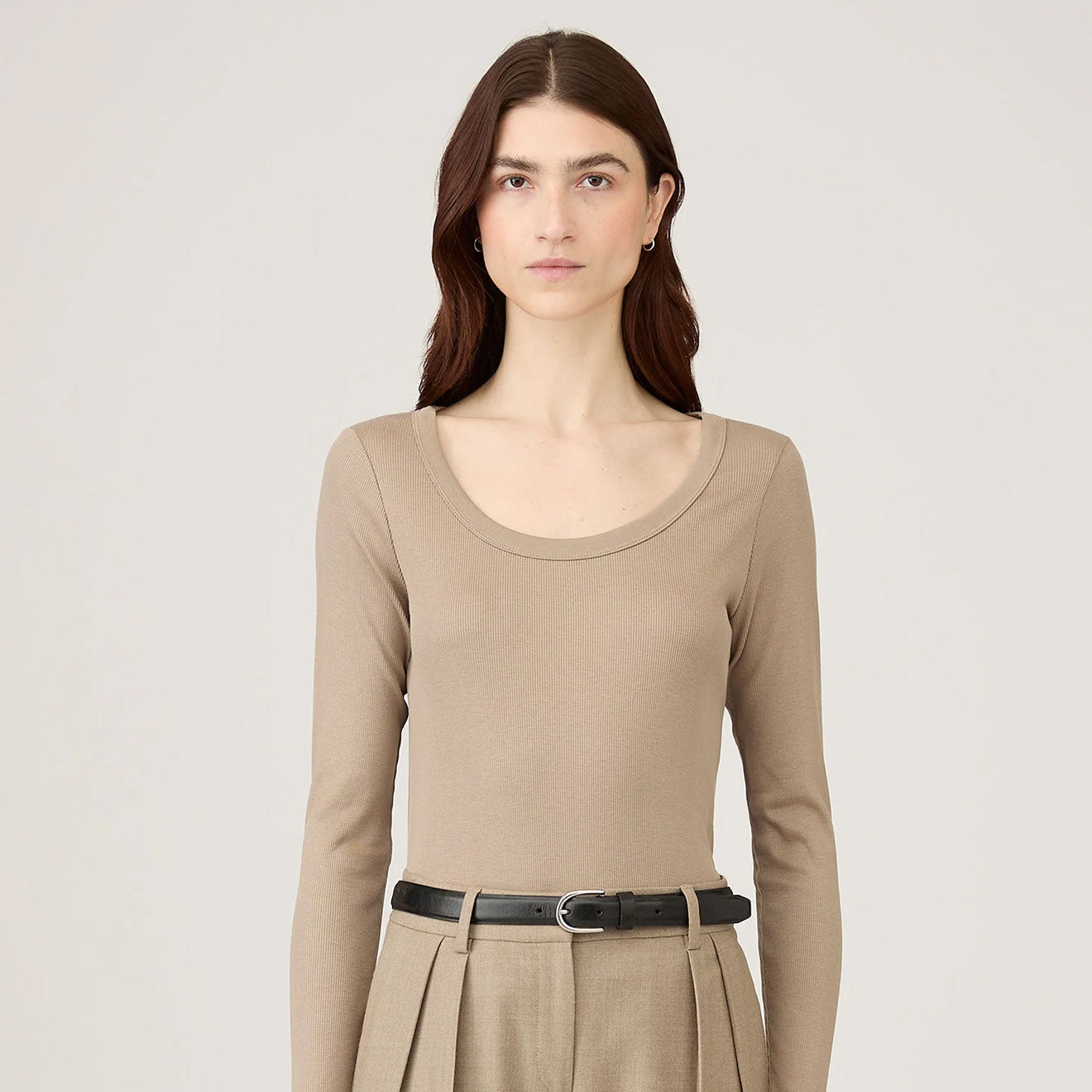 Sunspel Womens Rib L/S Scoop Neck Mink