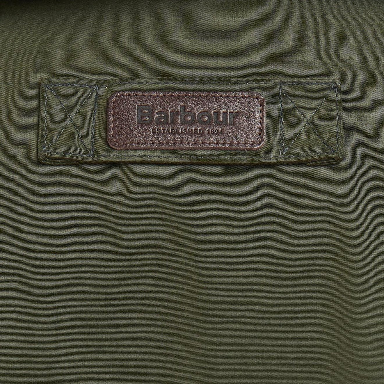 Barbour Beaconsfield Jacket Olive leather logo patch detail