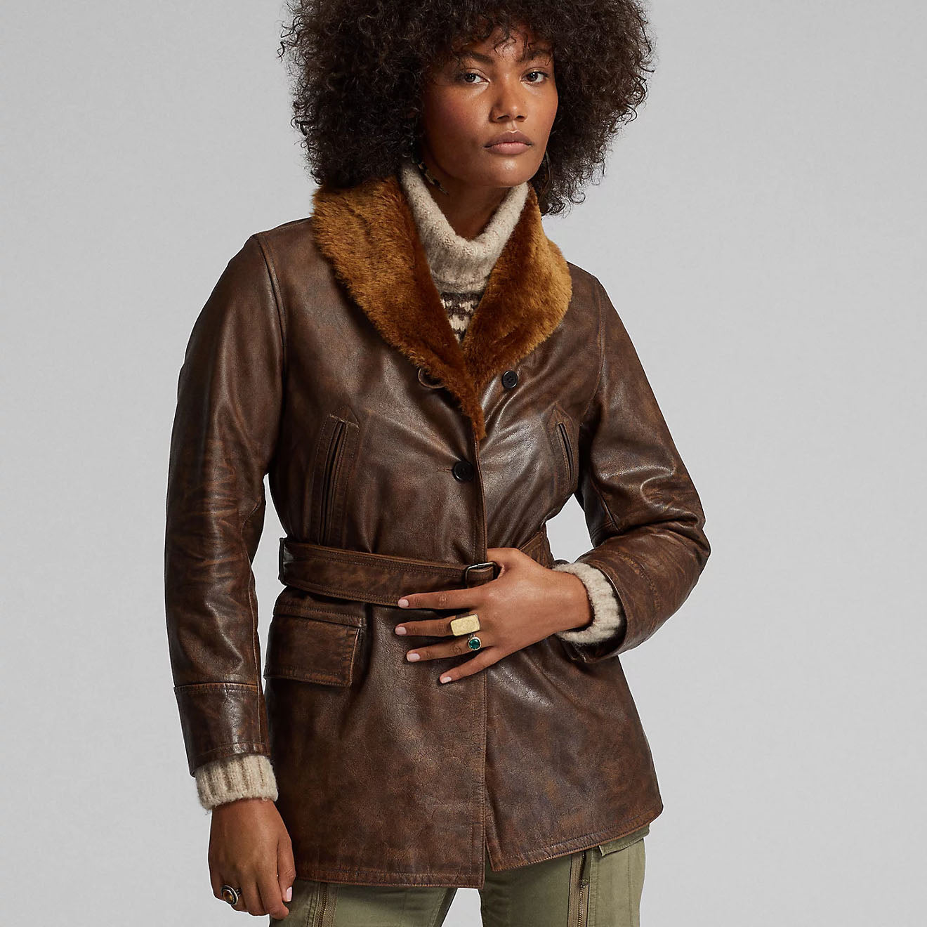 RRL by Ralph Lauren Womens Shearling-Collar Leather Jacket Caramel Brown - The Sporting Lodge