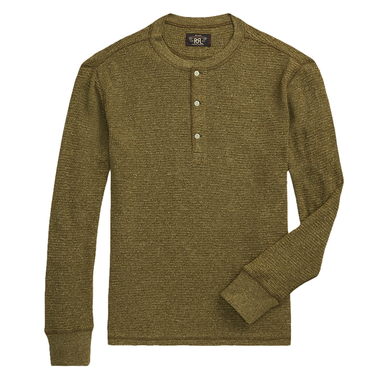 RRL by Ralph Lauren Waffle-Knit Henley Shirt Olive Heather - The Sporting Lodge