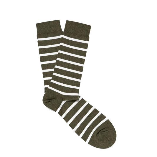 Sunspel Cotton Socks Seaweed / Ecru Breton Stripe - The Sporting Lodge
