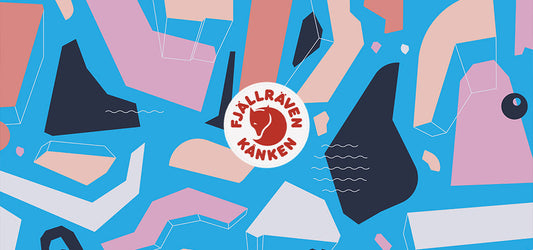 An abstract design featuring the Fjallraven Kanken logo amidst a collage of geometric shapes in shades of blue and pink.