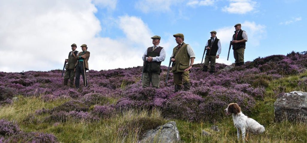 Group of men in premium shooting clothing stand on a heather-covered hillside with a hunting dog, set against a bright, cloudy sky.
