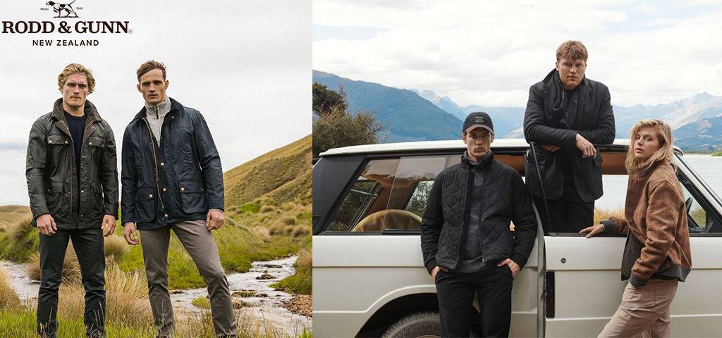 Rodd & Gunn outdoor fashion, featuring rugged jackets and casual wear in New Zealand's scenic landscapes