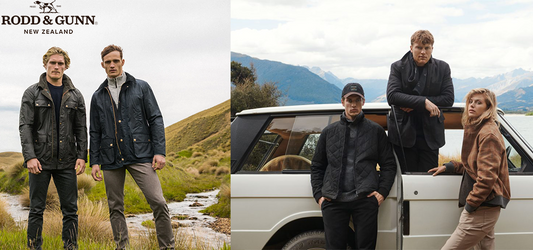 Rodd & Gunn outdoor fashion, featuring rugged jackets and casual wear in New Zealand's scenic landscapes
