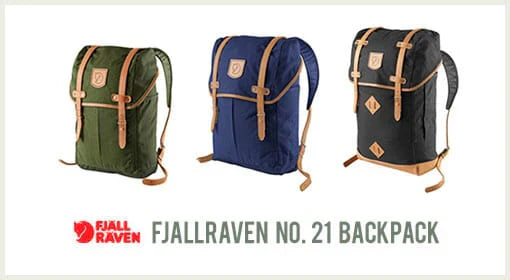 Fjällräven No. 21 backpack shown in green, blue and black colour options, highlighting classic canvas design and leather straps