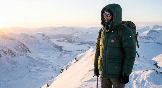 Man wearing a Fjällräven winter jacket standing on a snowy mountain ridge with a backpack in cold weather