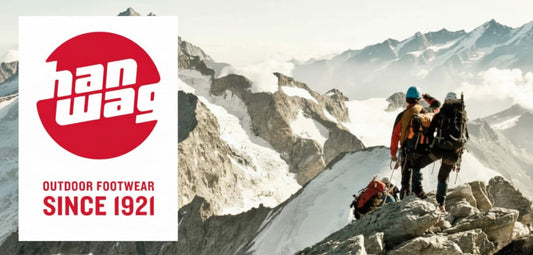 Hanwag brand logo alongside climbers standing on an alpine ridge, representing mountain footwear use in high terrain since 1921.