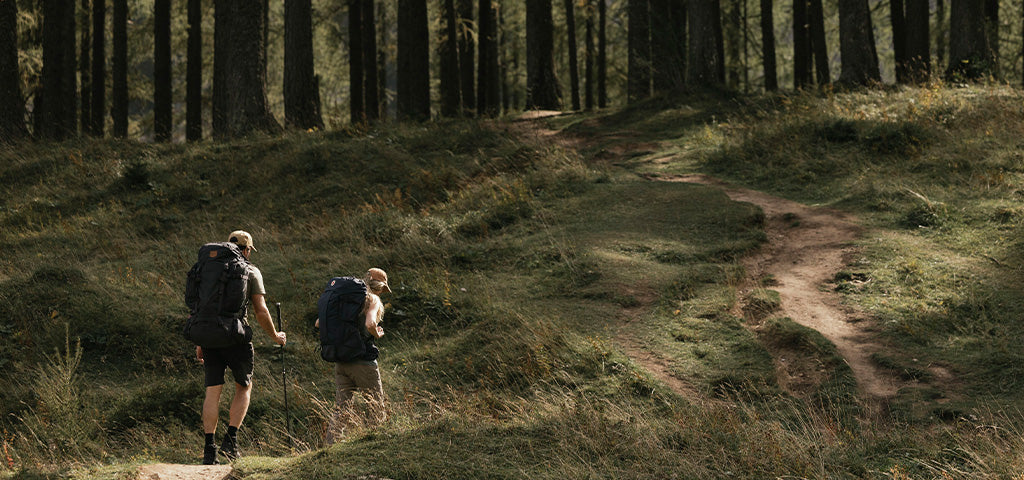 Two hikers with Fjallraven backpacks walking on a trail in the Peak District, surrounded by tall trees and grassy terrain.