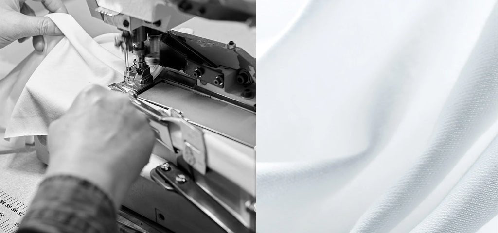 Sewing Machine Operator Manufacturing Sunspel Clothing and White Cotton Fabric.