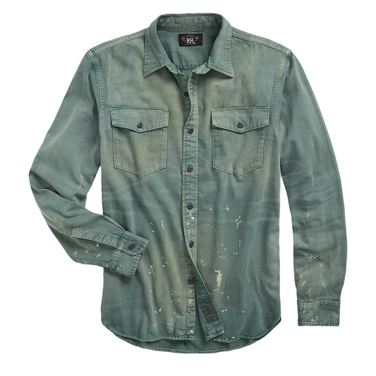 RRL by Ralph Lauren Distressed Twill Workshirt Service Green - The Sporting Lodge