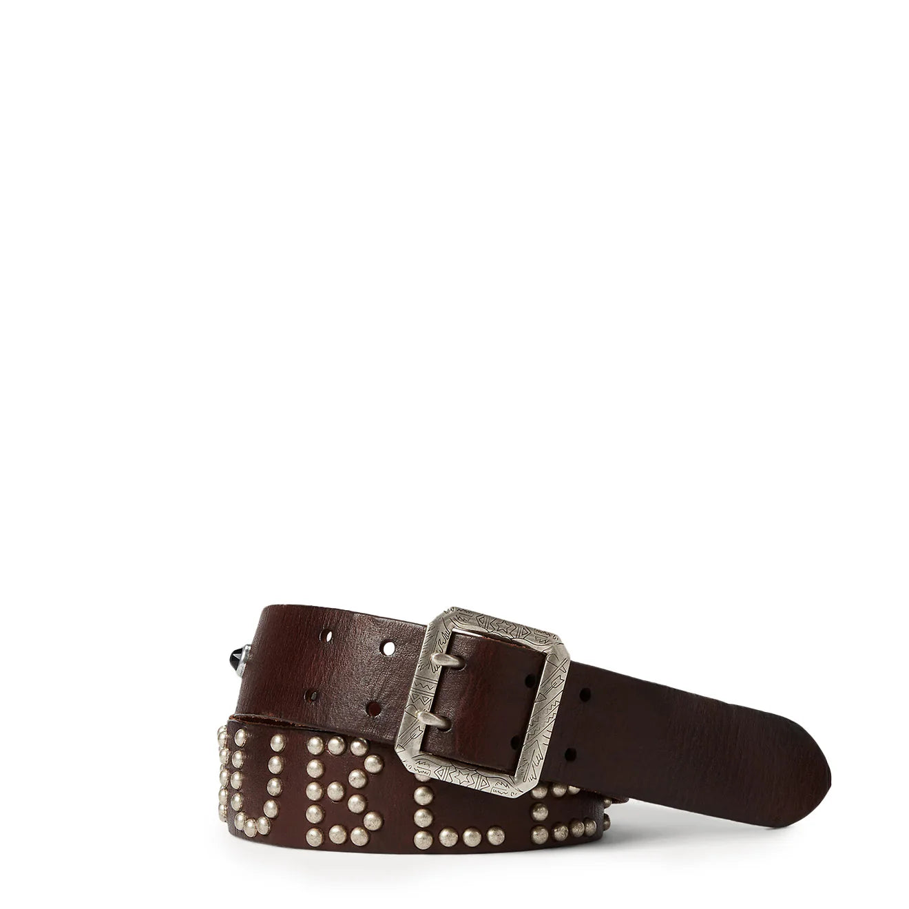 RRL by Ralph Lauren Studded-Logo Leather Belt Dark Brown - The Sporting Lodge