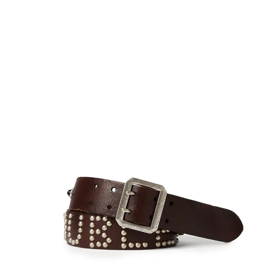 RRL by Ralph Lauren Studded-Logo Leather Belt Dark Brown - The Sporting Lodge