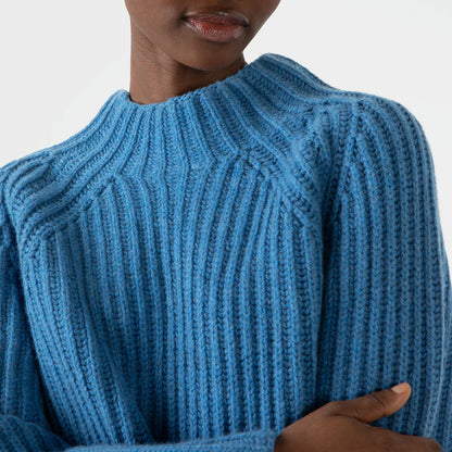 Sunspel Womens Lambswool Chunky Funnel Neck Jumper Blue Jean - The Sporting Lodge