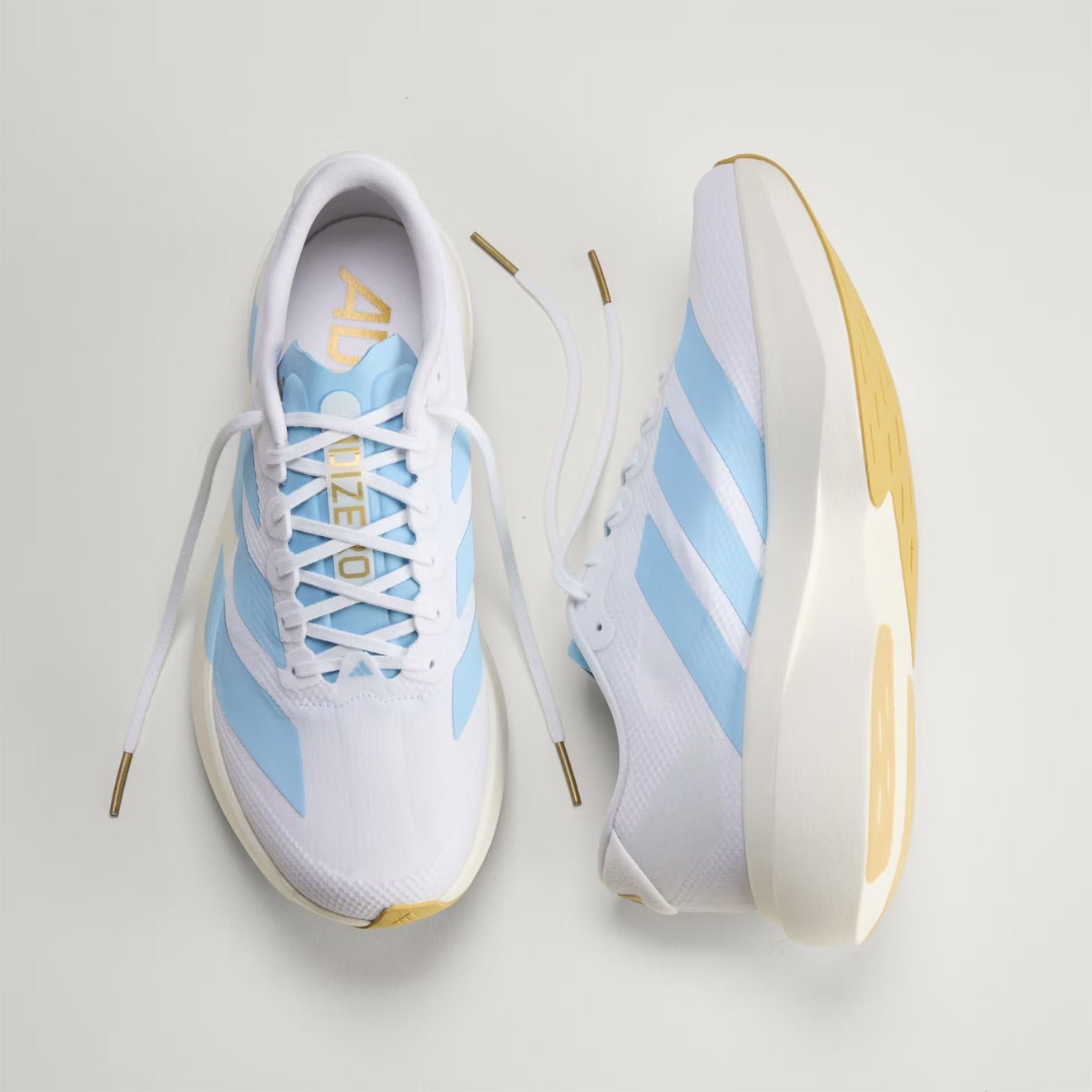 Adidas Adizero Evo SL Woven Trainer Cloud White / Clear Blue / Matte Gold - The Sporting Lodge