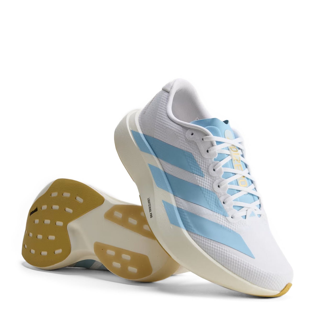 Adidas Adizero Evo SL Woven Trainer Cloud White / Clear Blue / Matte Gold - The Sporting Lodge