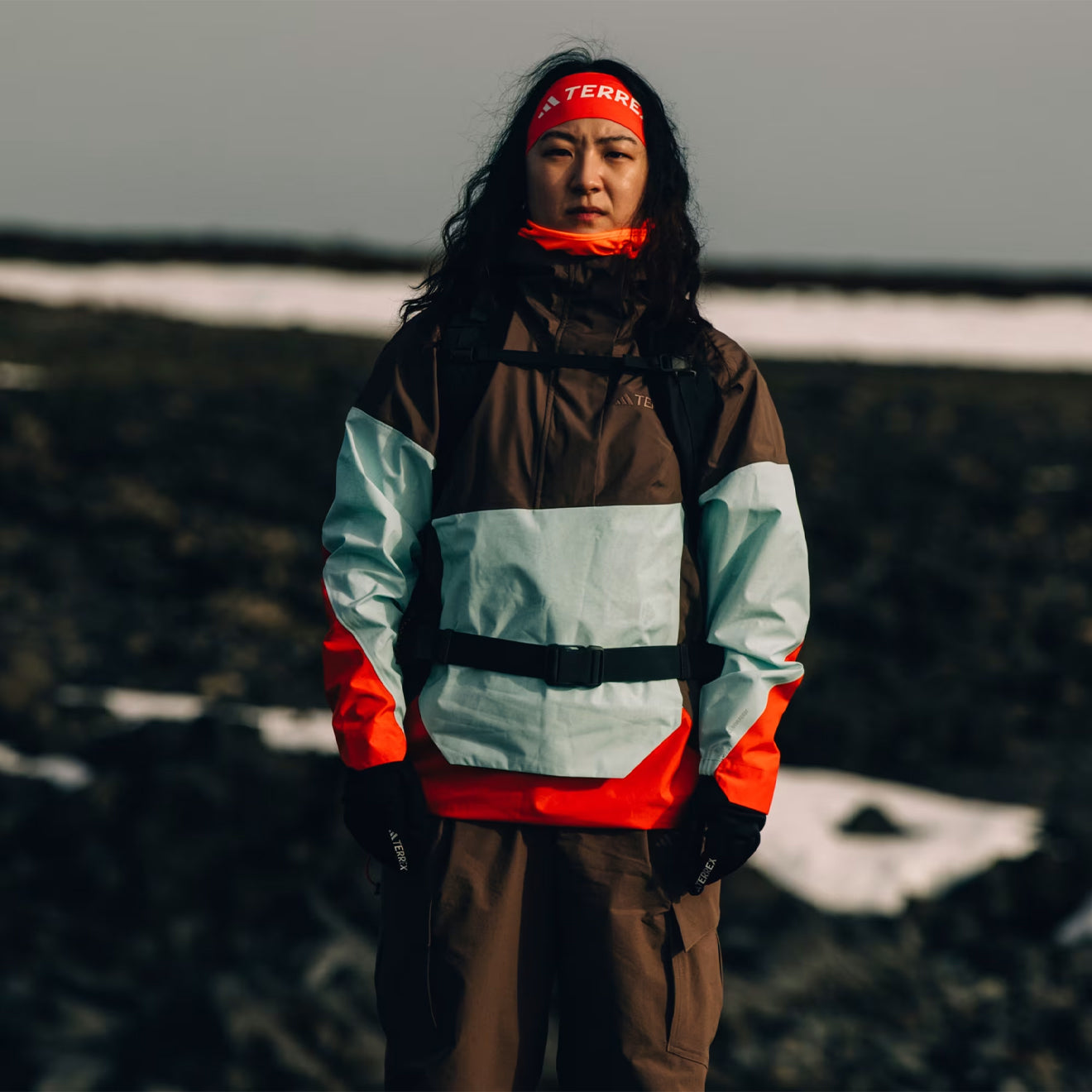 Adidas Terrex Womens Xploric 2.5L Climaproof Anorak Earth Strata / Semi Flash Aqua / Semi Impact Orange