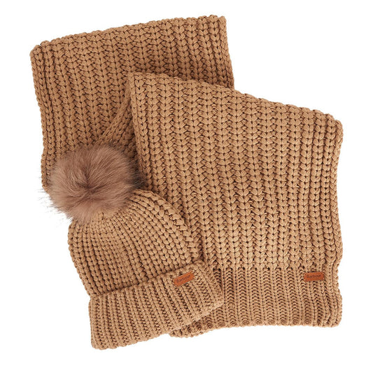 Barbour Womens Saltburn Beanie & Scarf Gift Set Mink - The Sporting Lodge