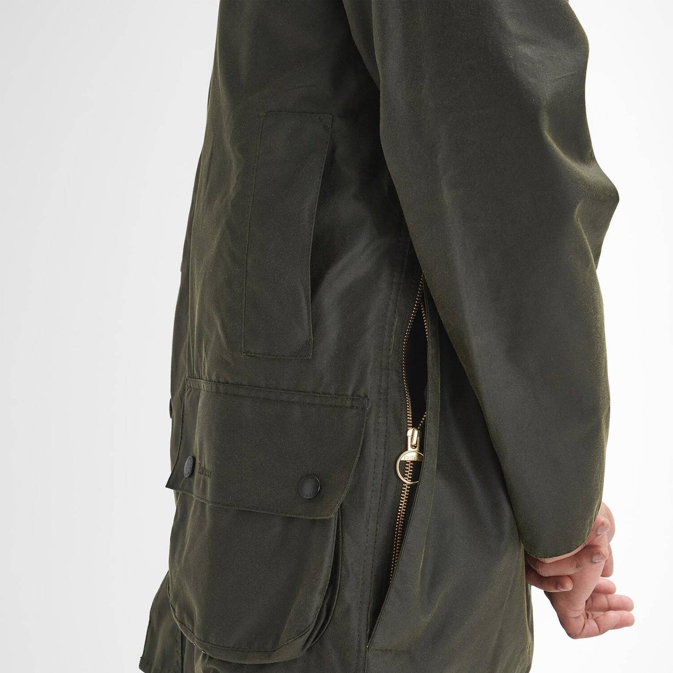 Barbour Beaufort Wax Jacket Archive Olive sleeve and side seam detail