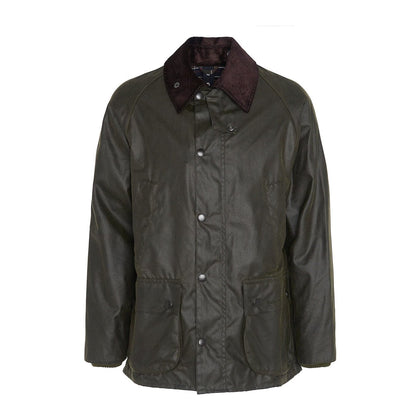 Barbour Bedale Wax Jacket Archive Olive men’s full front view with cord collar and press stud fastening