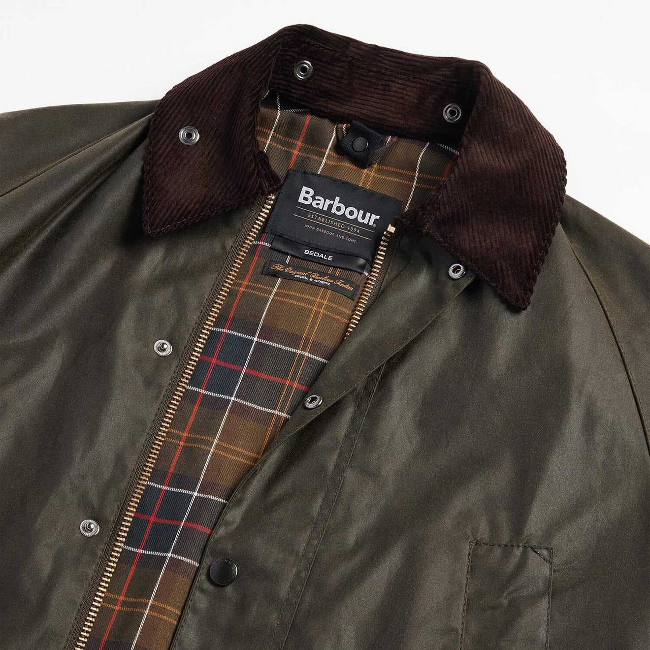 Barbour Bedale Wax Jacket Archive Olive inner tartan lining and collar detail