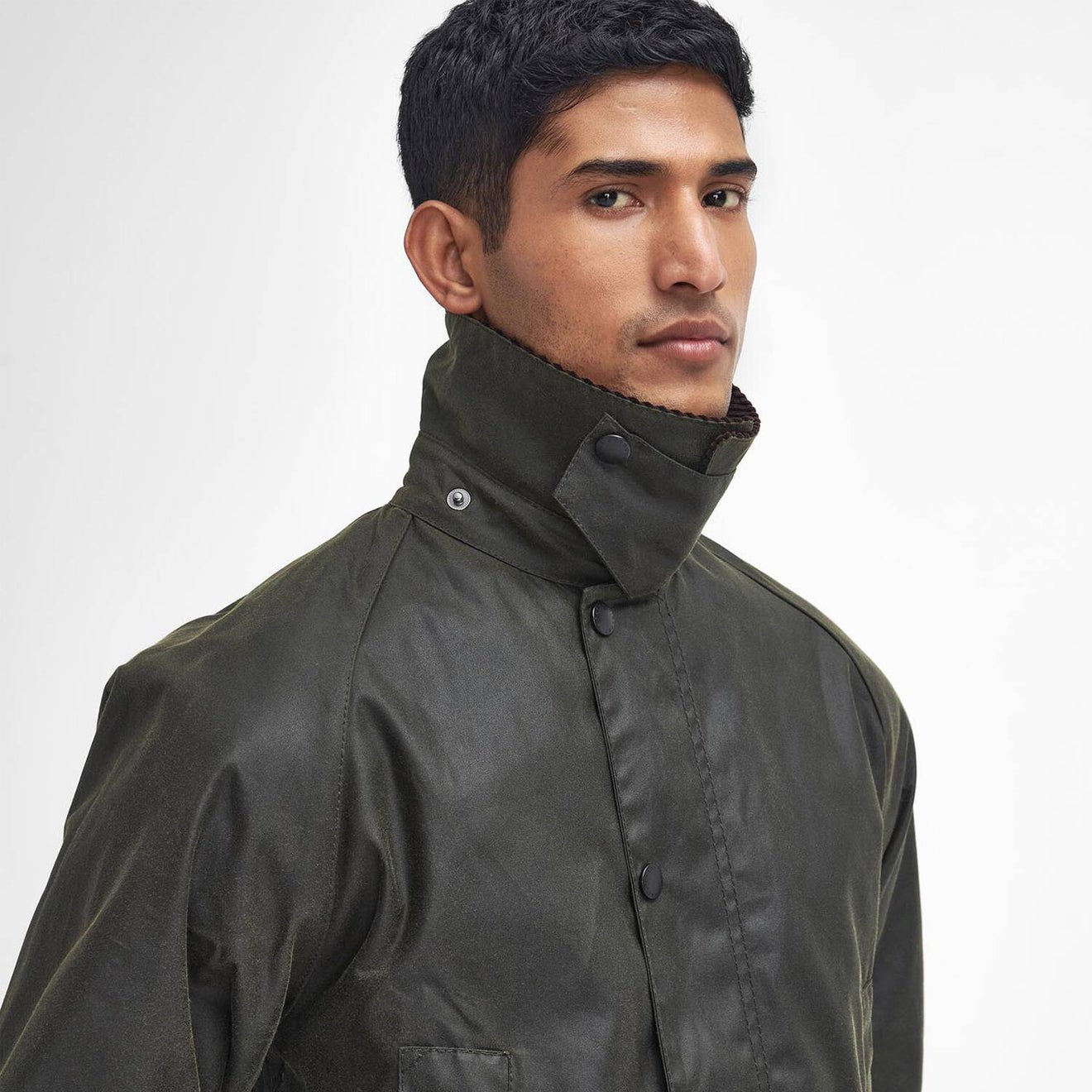 Barbour Bedale Wax Jacket Archive Olive side profile showing high collar and fit