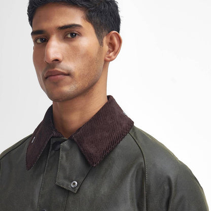 Barbour Bedale Wax Jacket Archive Olive close-up of collar and upper chest detail