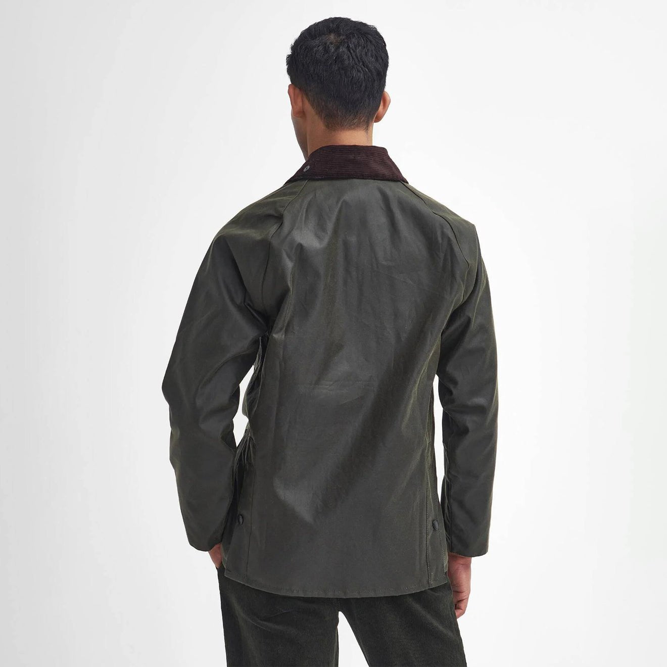 Barbour Bedale Wax Jacket Archive Olive men’s rear view showing back fit and length