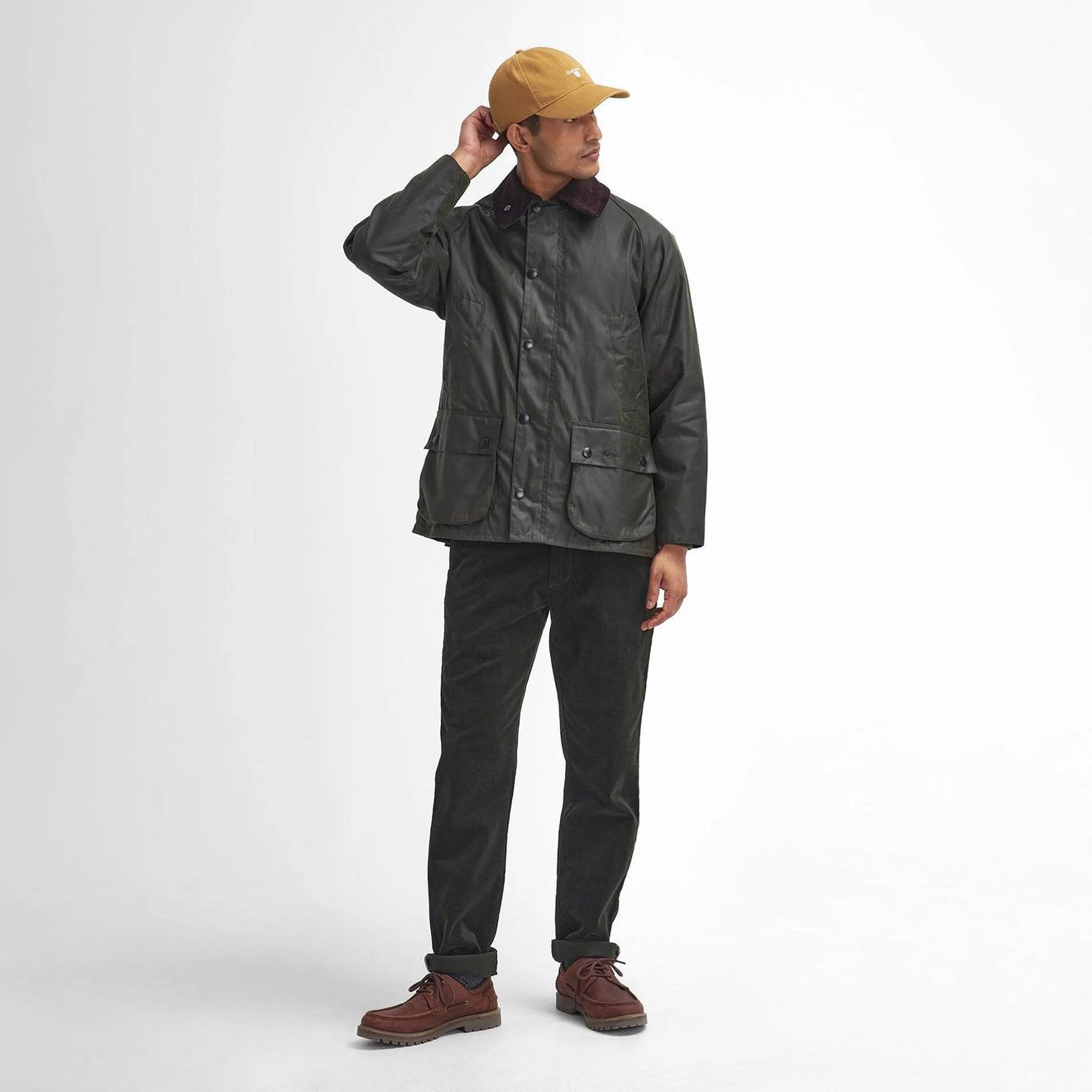 Barbour Bedale Wax Jacket Archive Olive men’s full outfit styling with jacket and trousers