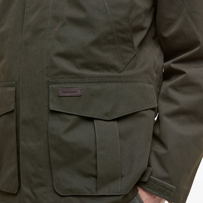 Barbour Brockstone Jacket Dark Olive chest pocket detail with flap, logo tab and waxed fabric finish