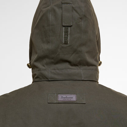 Barbour Brockstone Jacket Dark Olive men’s rear hood detail with logo patch and fabric finish