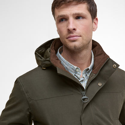 Barbour Brockstone Jacket Dark Olive men’s close-up of hood, collar and zip fastening detail