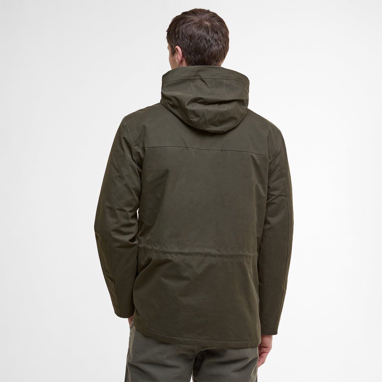 Barbour Brockstone Jacket Dark Olive men’s rear view showing hood and back fit