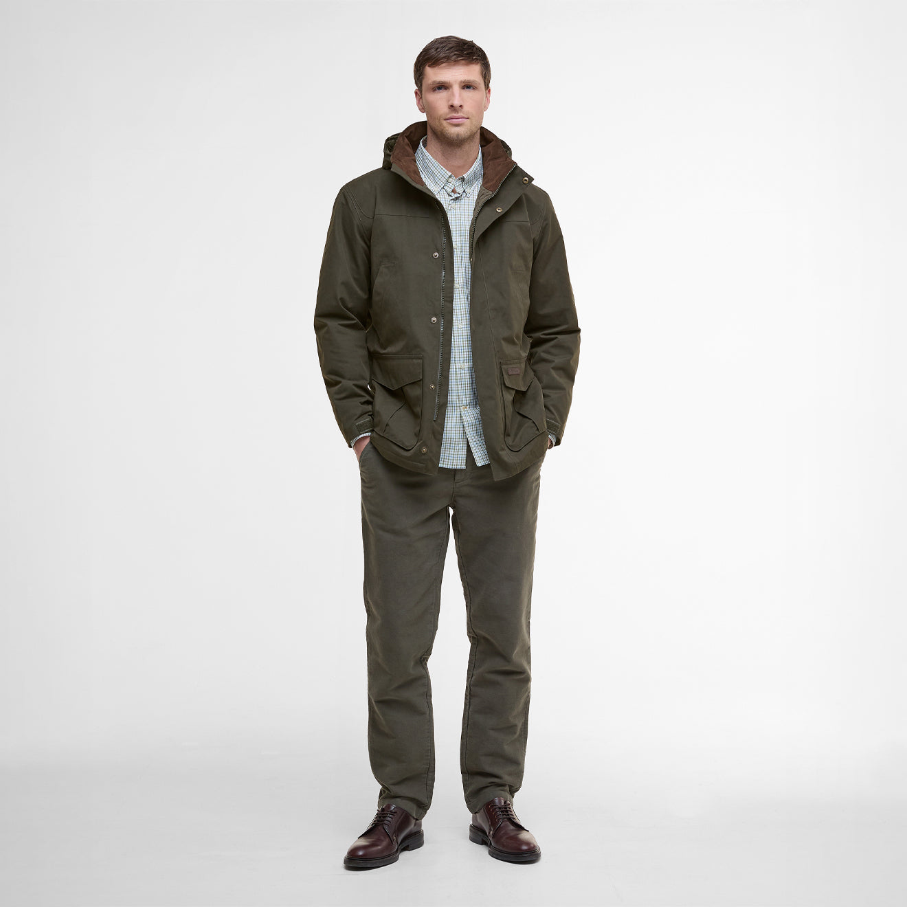 Barbour Brockstone Jacket Dark Olive men’s full model view showing fit and styling