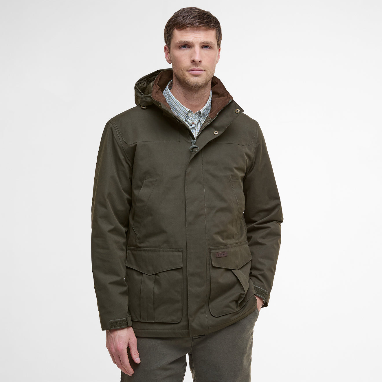 Barbour Brockstone Jacket Dark Olive men’s front model view showing hood and pocket detail