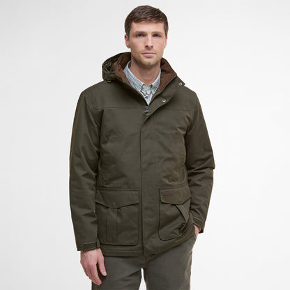 Barbour Brockstone Jacket Dark Olive men’s front model view showing hood and pocket detail