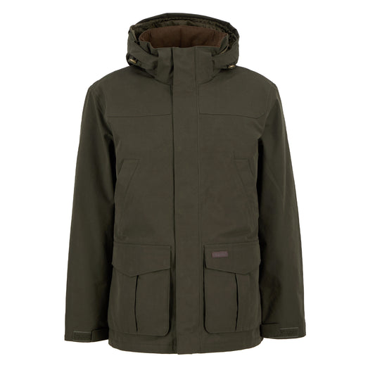 Barbour Brockstone Jacket Dark Olive men’s full front view with hood and concealed zip fastening
