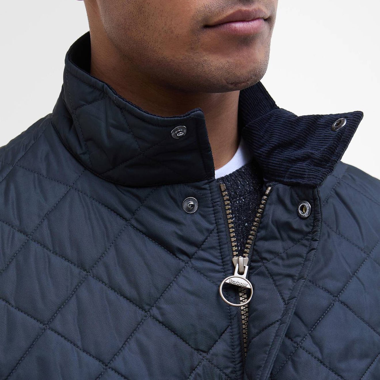 Barbour Chelsea Sportsquilt Jacket Navy collar detail with cord trim and press stud fastening