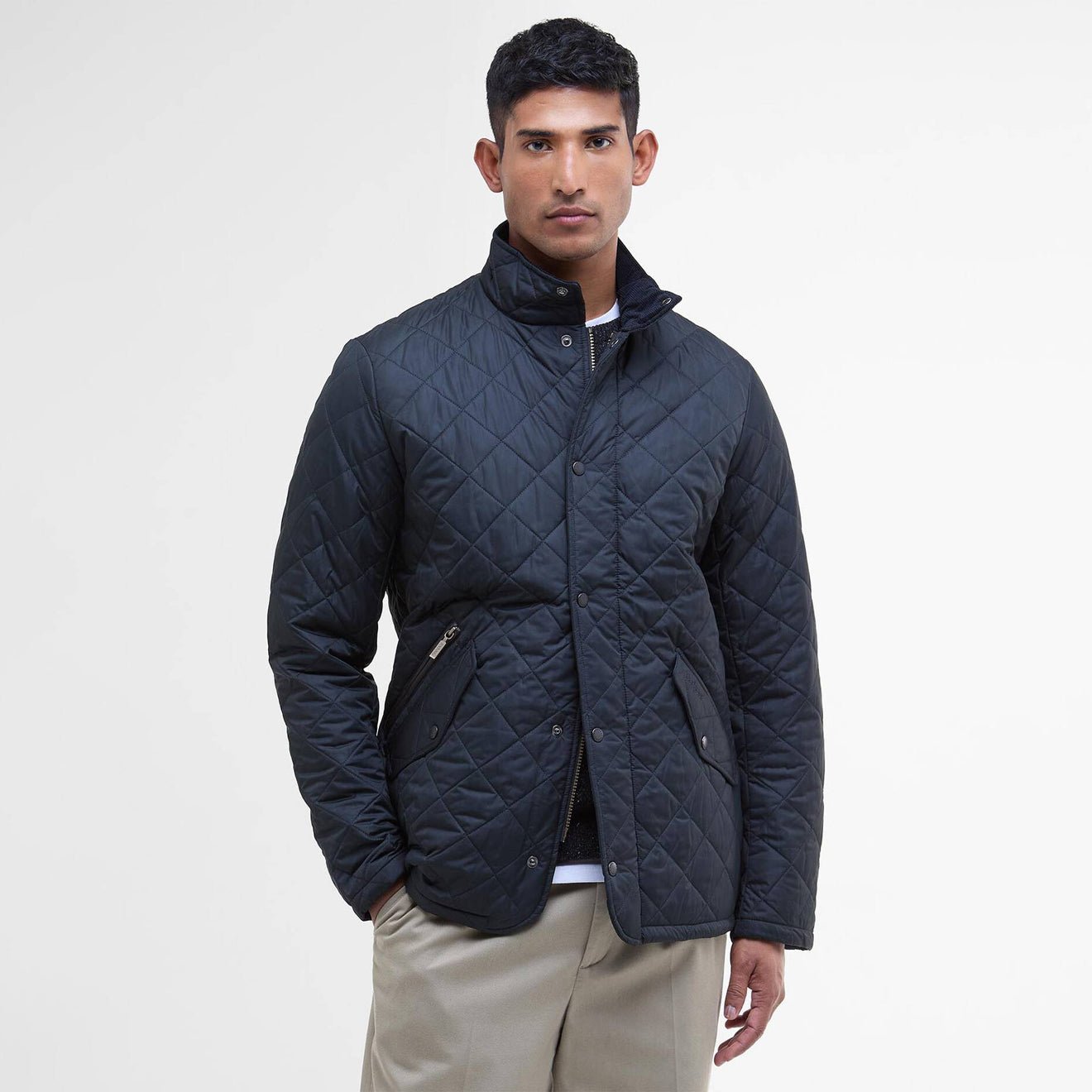 Barbour Chelsea Sportsquilt Jacket Navy model wearing jacket front angle showing fit and silhouette