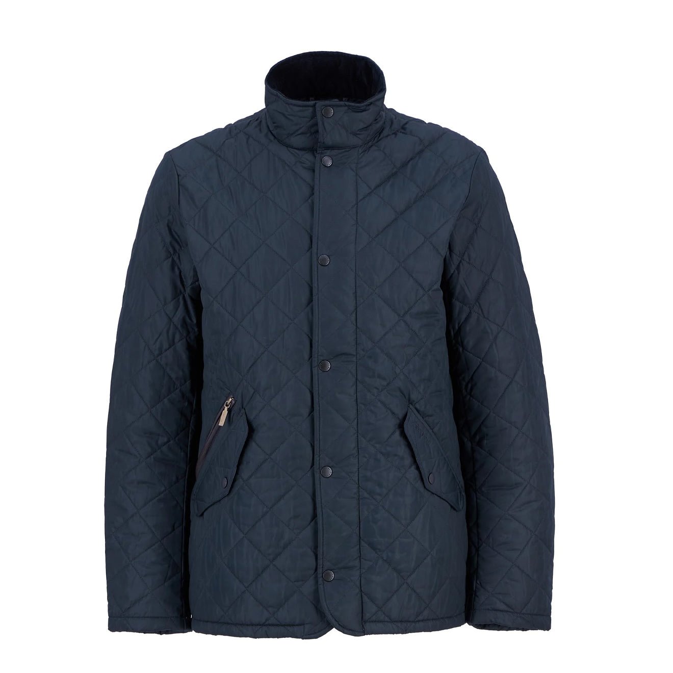 Barbour Chelsea Sportsquilt Jacket Navy front view quilted jacket with stand collar and press stud fastening