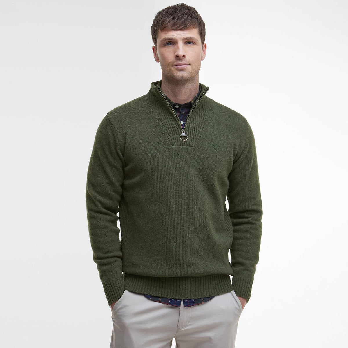 Barbour Essential Lambswool Half Zip Knitted Jumper Mid Olive