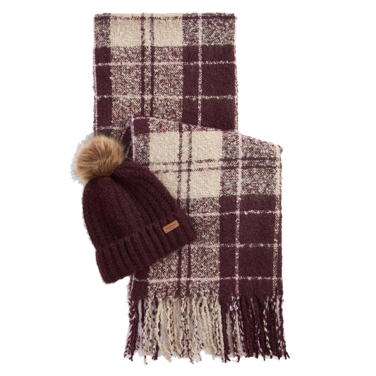 Barbour Saltburn Beanie And Tartan Scarf Gift Set Cabernet - The Sporting Lodge