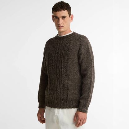 Barbour Scottish Made Natural Yarn Cable Crew Neck Sweater Medium Brown
