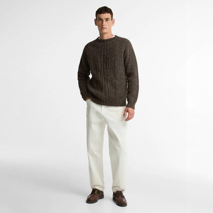 Barbour Scottish Made Natural Yarn Cable Crew Neck Sweater Medium Brown