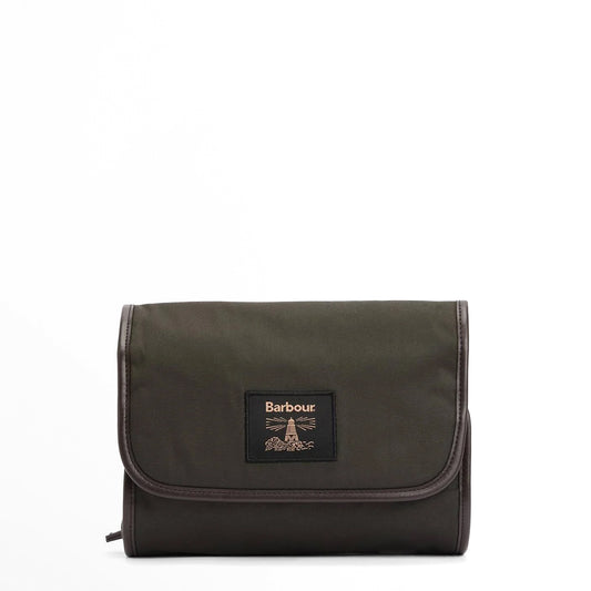 Barbour Waxed Hanging Washbag Olive/Beacon - The Sporting Lodge